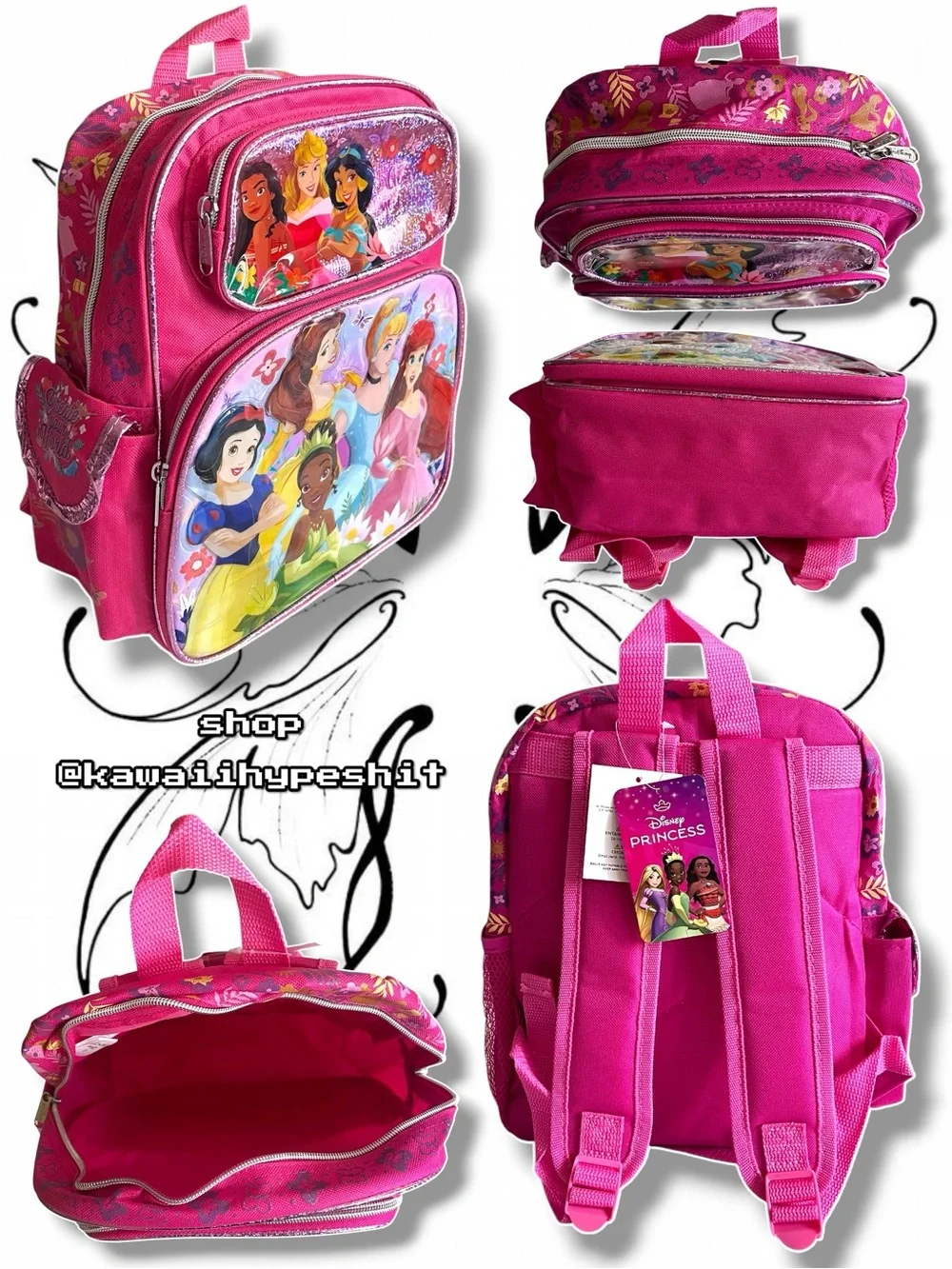 Disney Pink Princesses Kids Backpack with Character Panels (Senior Backpack)